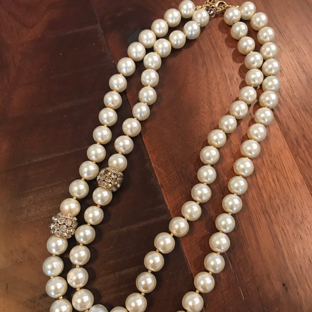 Double Strand Pearl and Rhinestone Necklace